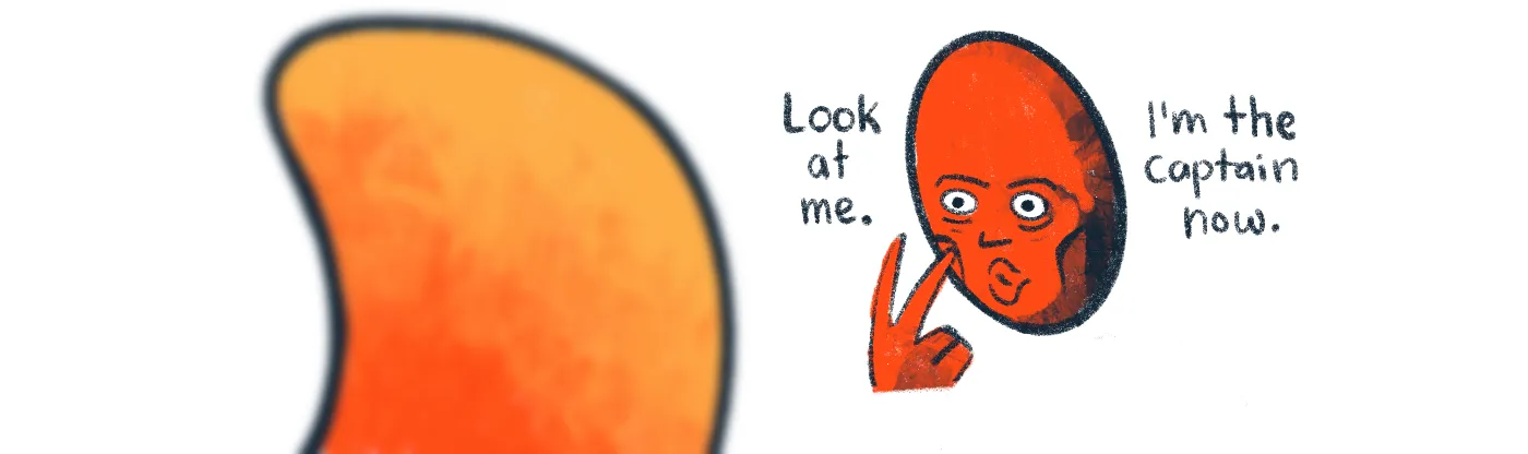 illustration with the back of the frontal lobe in the blurred foreground with the amygdala staring at frontal while pointing to its own eyes and saying, "Look at me; I'm the captain now."