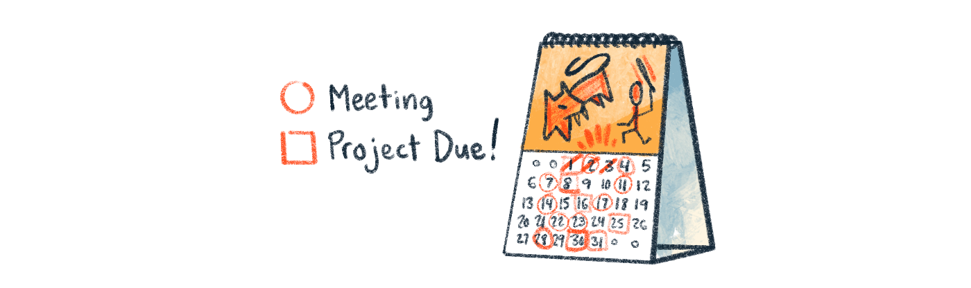 illustration of a small desktop calendar with covered in red markings of meetings and project due dates and a picture of a caveman painting of a human fighting a sabertooth tiger