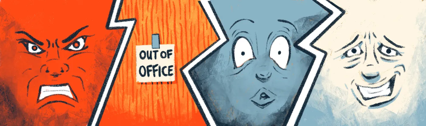 illustration of four split images representing the main four fear responses: the first of an angry face, the second of a sticky note saying "out of office" on a wooden surface, the third of a scared, wide eyed face, and the fourth a worried smiling face.