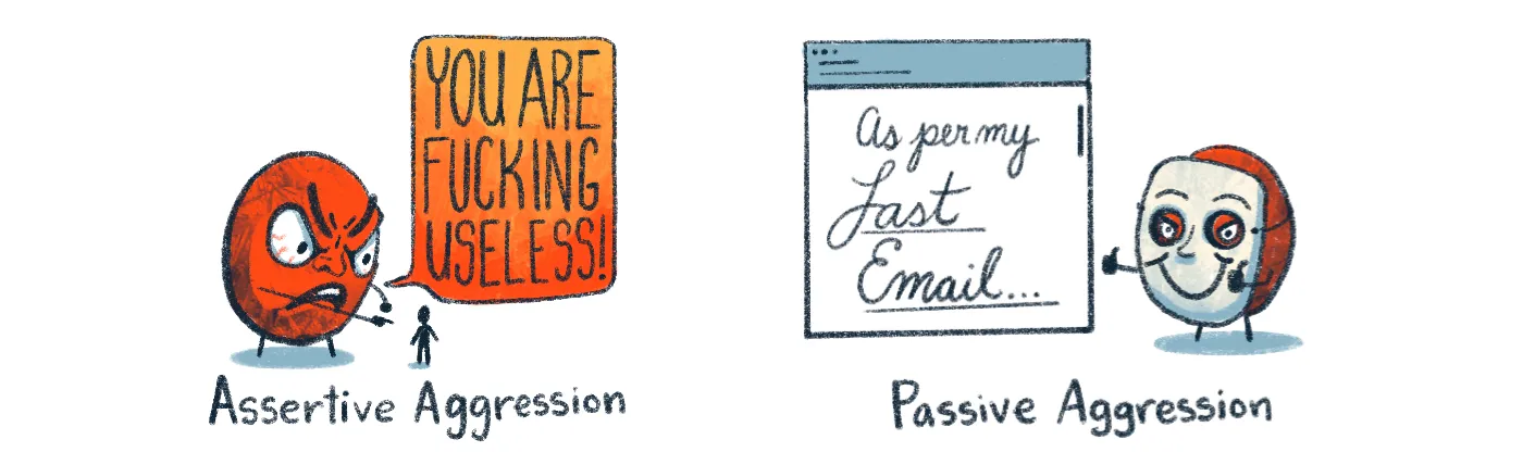 illustration of two amygdala engaging in anger: one is being assertive by shouting angrily at a small person, "YOU ARE FUCKING USELESS!" while the amygdala on the right is wearing a smiling mask, giving a thumbs up, and sending an email that starts with, "As per my last email..."
