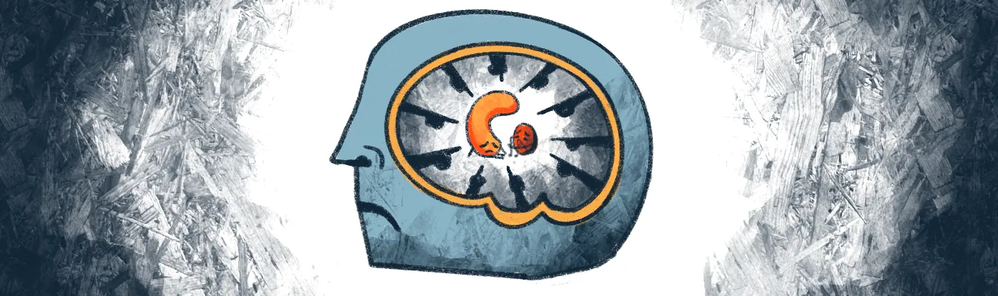 illustration of a cross section of a person's head with the frontal lobe and amygdala sitting sad and defeated inside while fingers inside the brain point and blame them for everything
