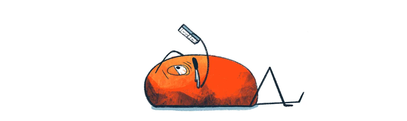 illustration of a amygdala laying on the floor, drooling and eyes half closed while they endlessly scroll their phone in a frozen state