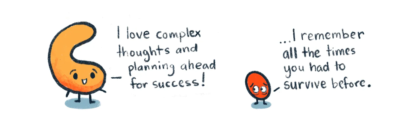 illustration of the highlighted frontal lobe and amygdala standing next to each other like small cartoon characters. The happy looking frontal lobe says, "I love complex thoughts and planning ahead for success!" while a worried looking amygdala is saying, "...I remember all the times you had to survive before."