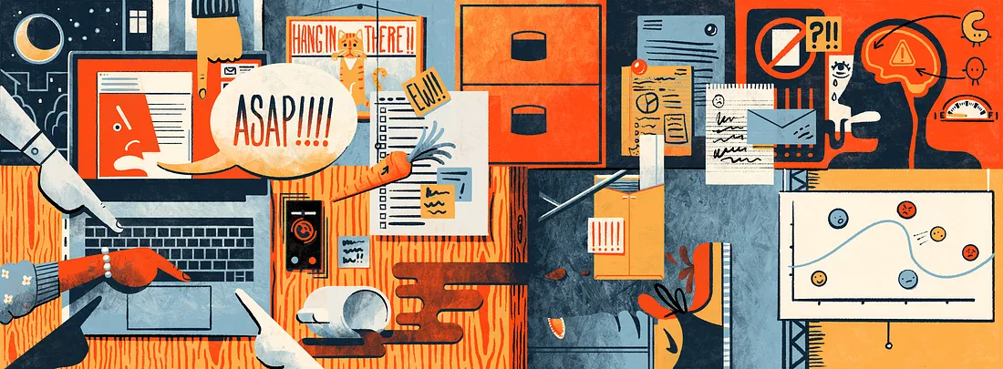 chaotic illustration of an office space with fingers pointing, angry emails, a "hang in there!" cat poster, and references to being overwhelmed mentally and emotionally.