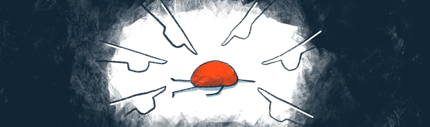 illustration of an amygdala laying face down as the world grows dark around it and fingers come from all directions to point blame it