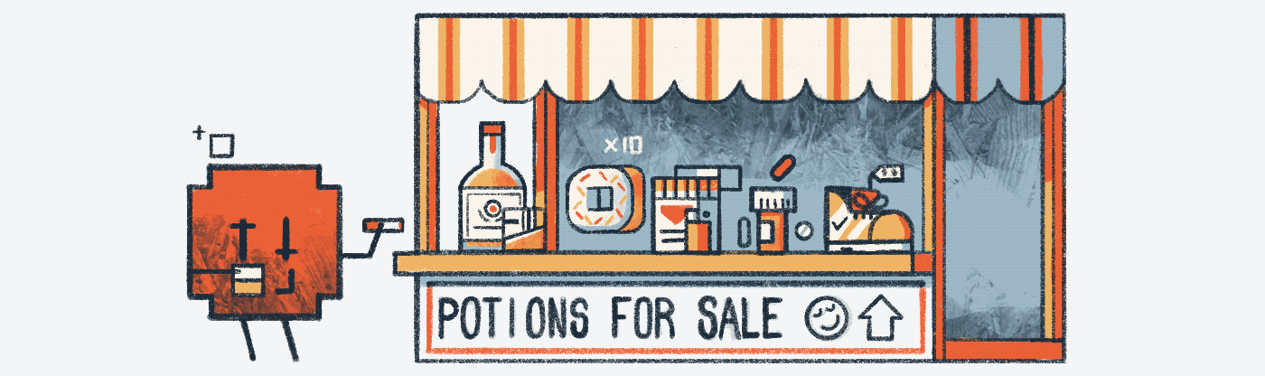 animation of an amygdala holding a glass of whiskey and a cigarette at a market stall with a sign "potions for sale" and several items for sale: alcohol, donuts, cigarettes, pills, and an expensive shoe