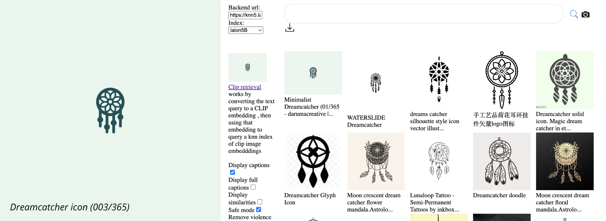 A side by side of an icon of a dreamcatcher and a screenshot of the same icon in the LAION 5B datasets