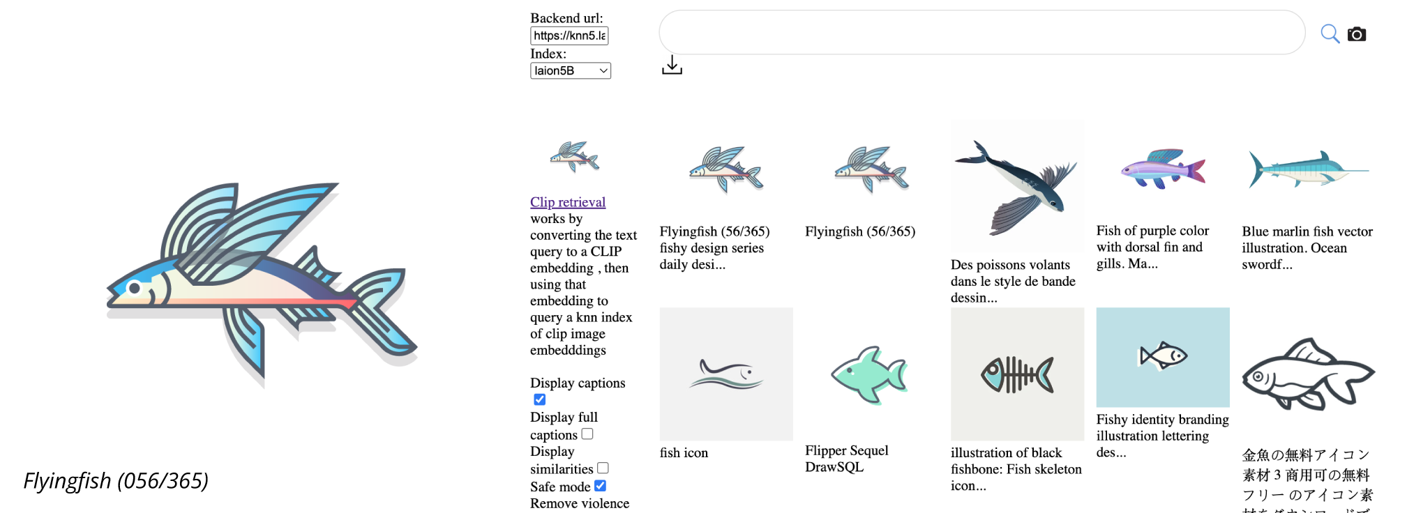 A side by side of an illustration of a flying fish and a screenshot of the same illustration in the LAION 5B datasets
