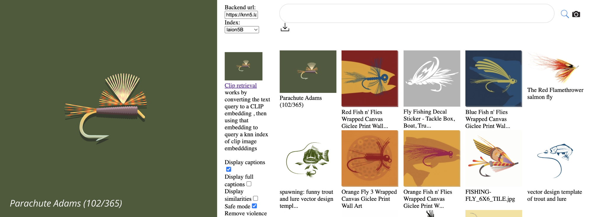 A side by side of an illustration of a parachute adams fly and a screenshot of the same illustration in the LAION 5B datasets