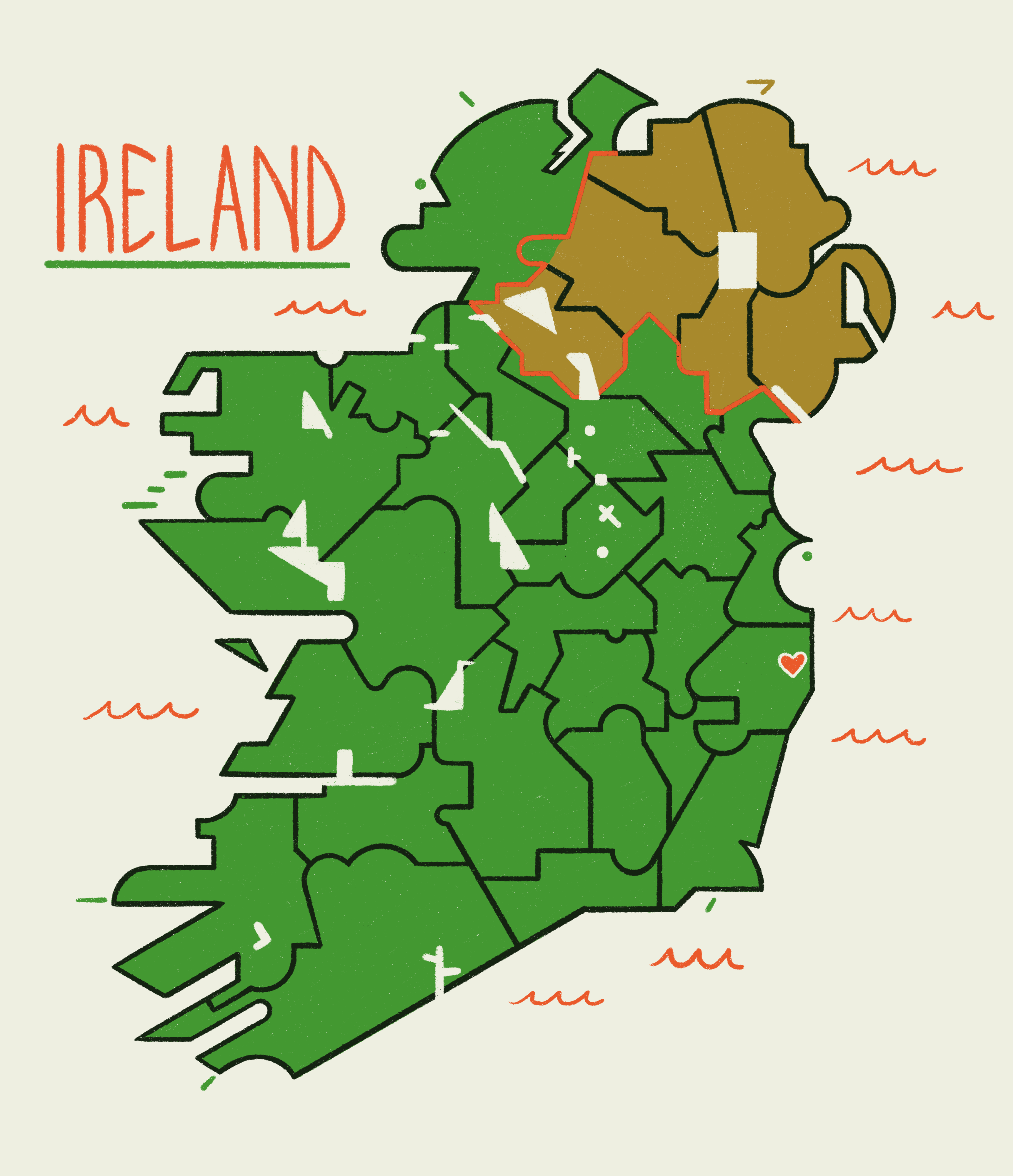 a stylized illustration of the island of Ireland, showing its many counties and bodies of water