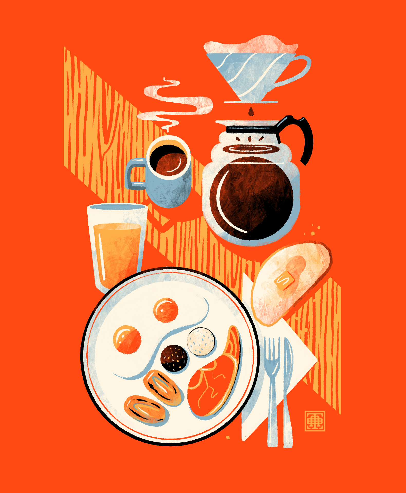 a stylized illustration of an Irish breakfast with pourover coffee on an orange background