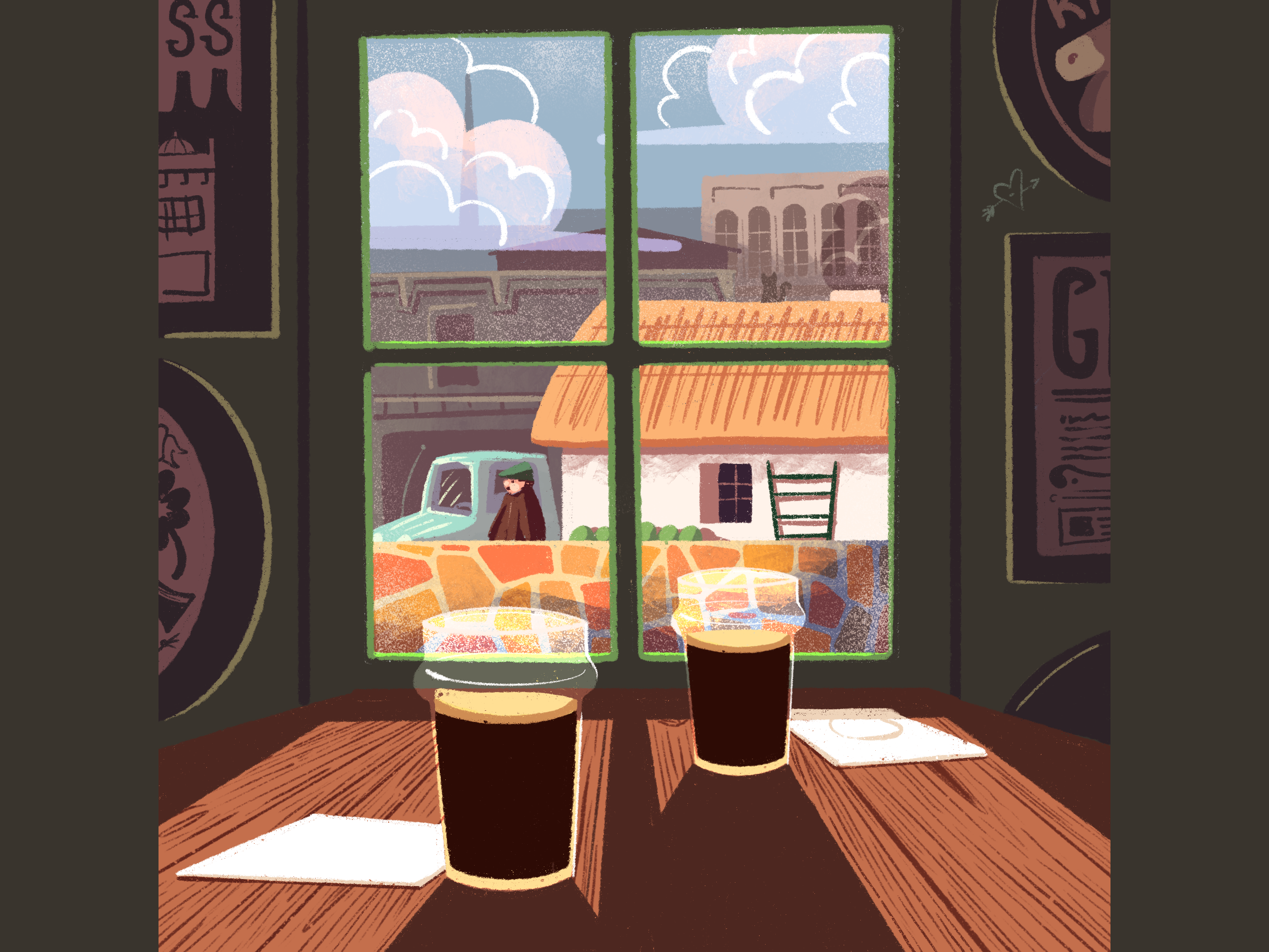 Illustration of Guinness glasses in front of a window showing a larger city out and beyond