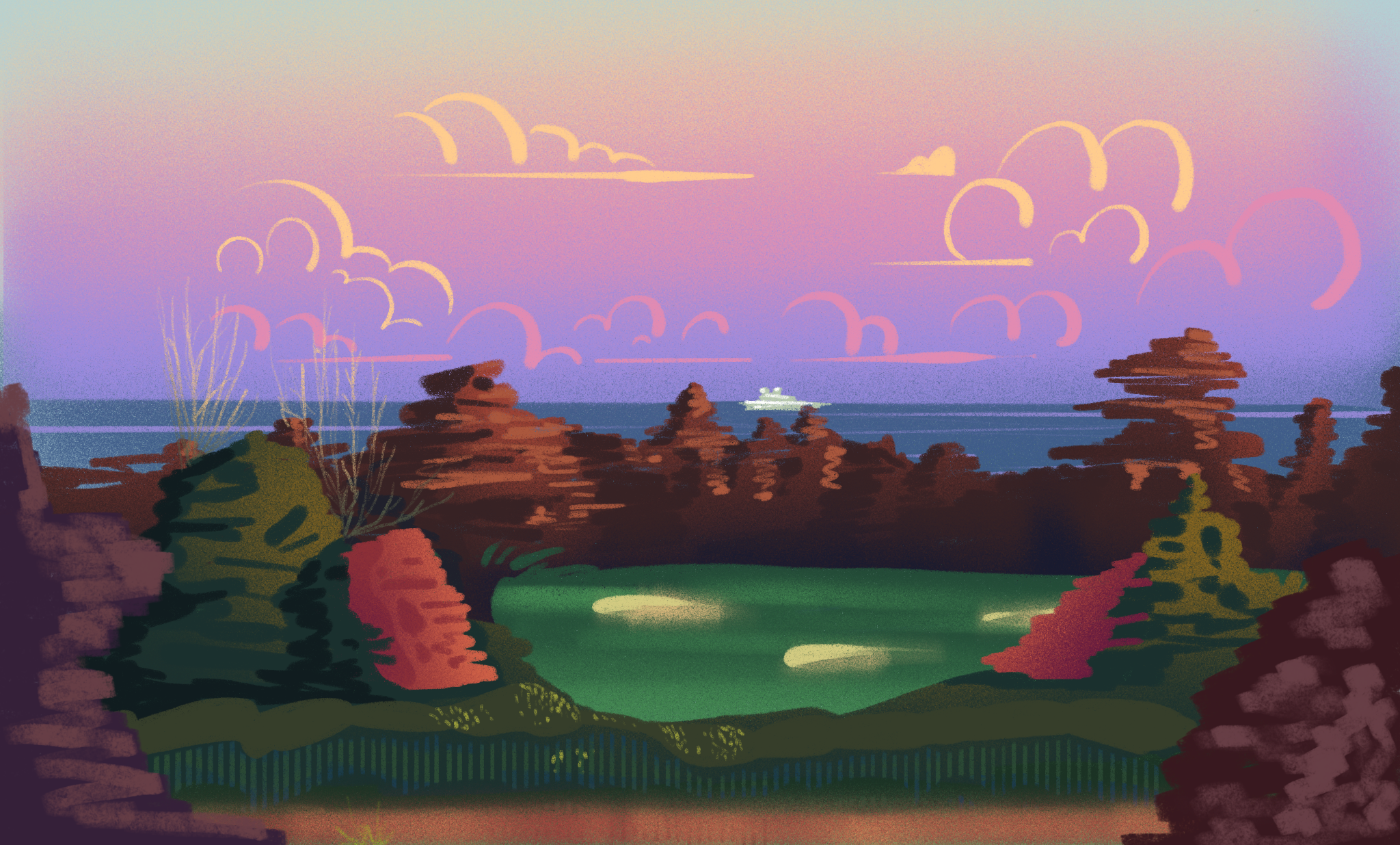 an illustration of a golf course, trees, and the ocean with a ship passing during a sunset