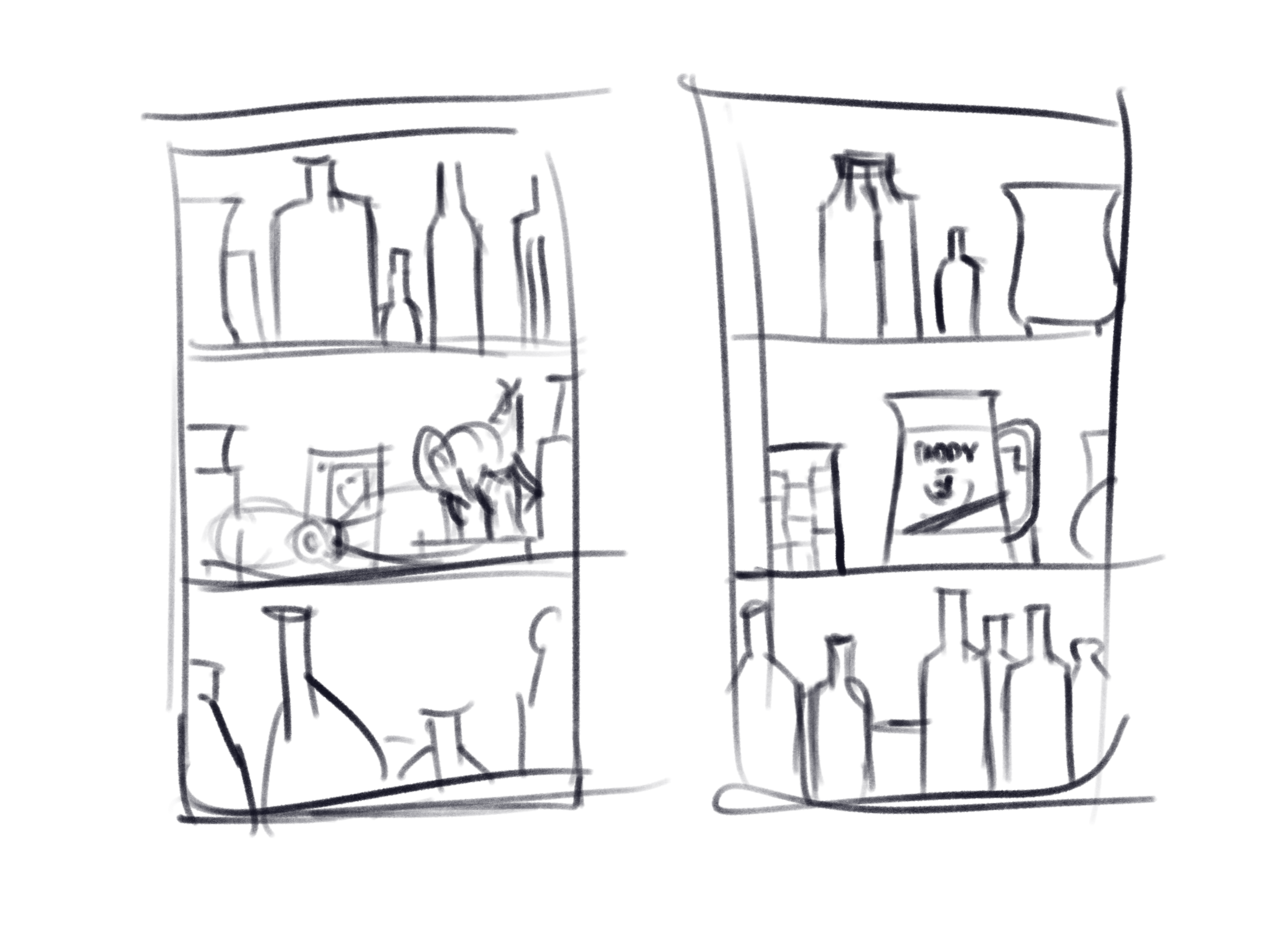a rough sketch of two cabinets with trinkets and bottles inside