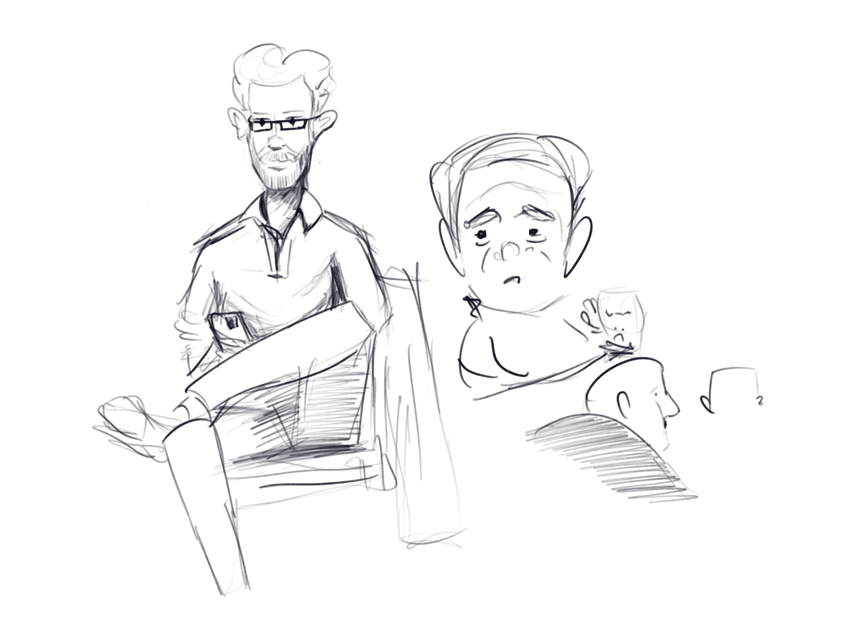loose and rough doodles of patrons in an Irish pub