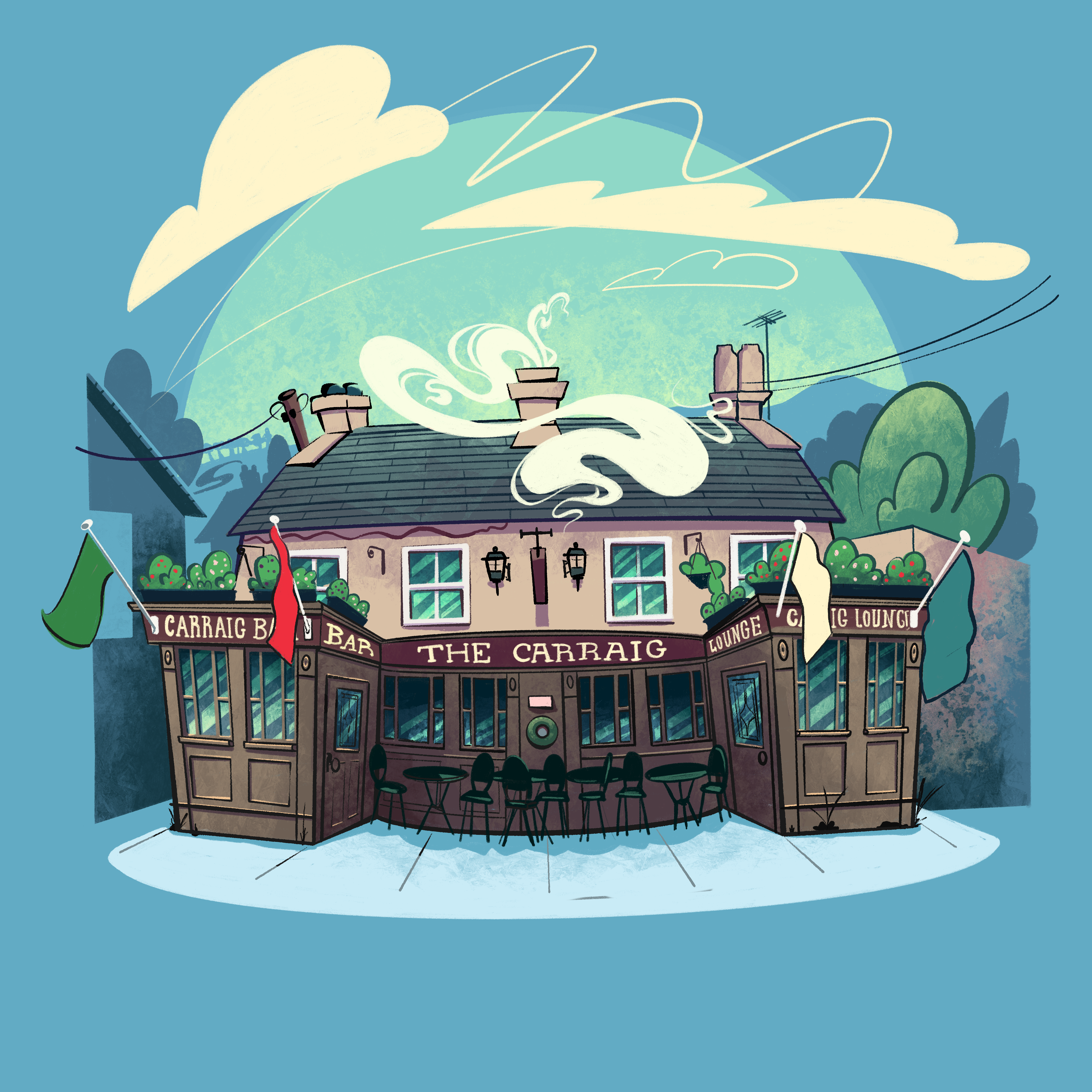 the front of an Irish pub with two entrances, some chairs and tables, and clouds overhead
